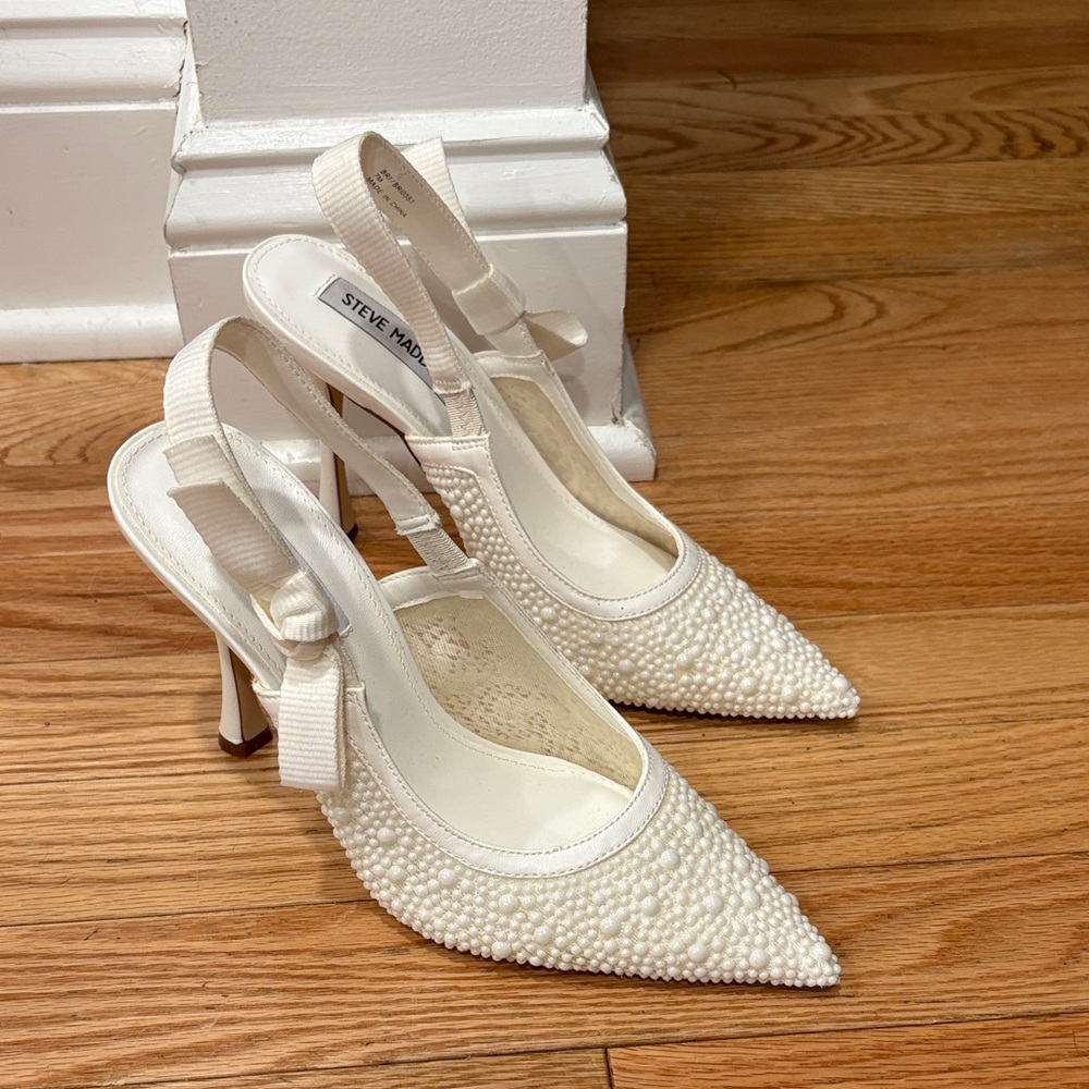 Steve Madden Ivory Pearl-Embellished Slingback Heels